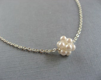 Dainty Pearl Cluster Necklace, Pearl Pendant, Bridesmaid Necklace