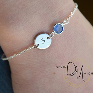 Silver Birthstone & Initial Bracelet, Personalized Disc Bracelet, Initial Bracelet, Birthstone Bracelet
