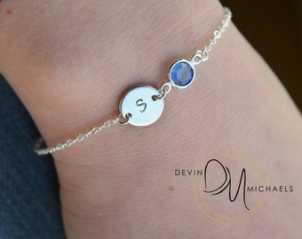 Silver Birthstone & Initial Bracelet, Personalized Disc Bracelet, Initial Bracelet, Birthstone Bracelet