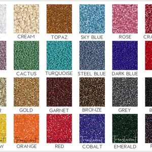 May include: A color chart of small, rectangular beads in various colors, including pearl, cream, topaz, sky blue, rose, cranberry, lilac, cactus, turquoise, steel blue, dark blue, and red. Additional colors include silver, gold, garnet, bronze, grey, black, yellow, orange, cobalt, emerald, and plum.