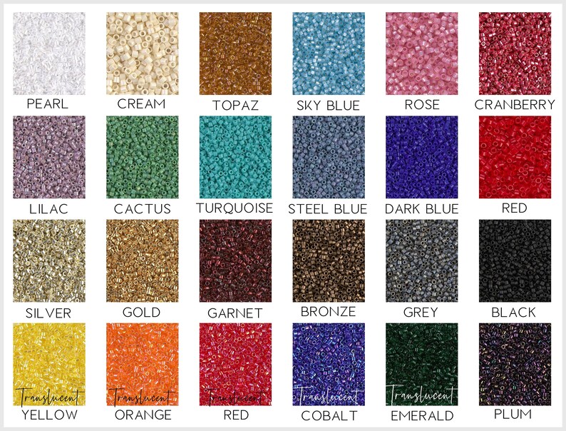 May include: A color chart of small, rectangular beads in various colors, including pearl, cream, topaz, sky blue, rose, cranberry, lilac, cactus, turquoise, steel blue, dark blue, and red. Additional colors include silver, gold, garnet, bronze, grey, black, yellow, orange, cobalt, emerald, and plum.