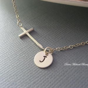 Graduation Gift, Personalized Sideways Cross Necklace, Silver Cross Choker, Initial Charms, Personalized Mother&#39;s Necklace, Christmas Gift