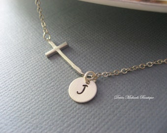 Graduation Gift, Personalized Sideways Cross Necklace, Silver