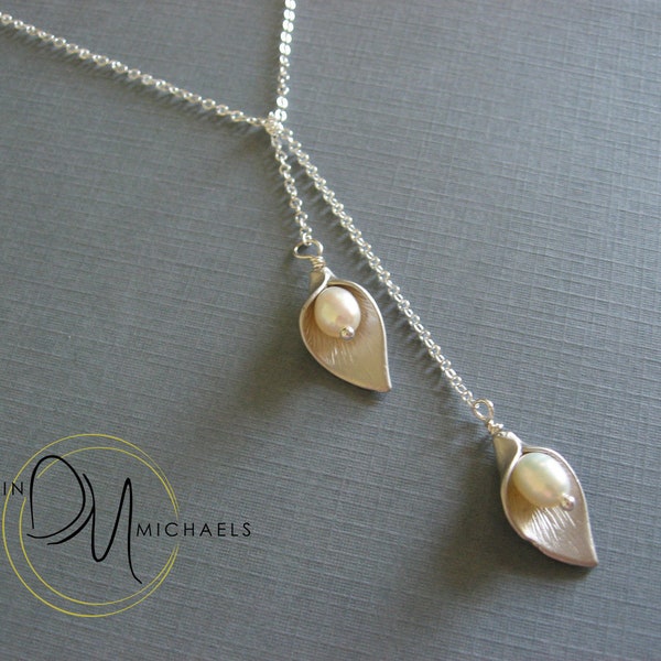 Lariat Style Calla Lily Necklace, Silver Leaf Necklace with Tiny Pearl Drop, Bridal Jewelry