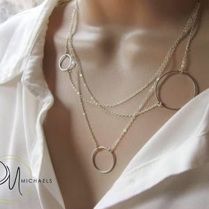 Mixed Circles Necklace, Silver Ring Double Strand Necklace, Three Ring Necklace, available in Silver or Gold