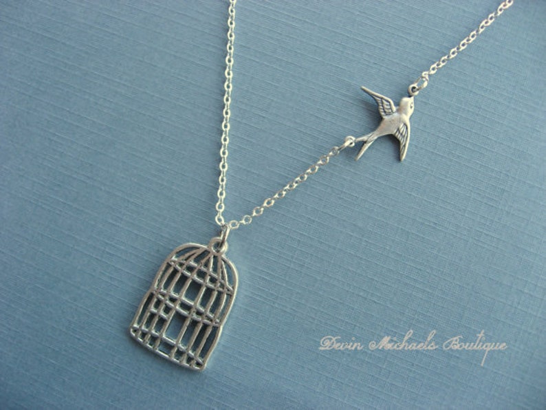 Mothers Day Silver Birdcage Necklace With Free Flying Sparrow Necklace image 1