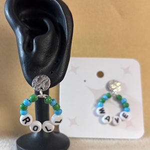 Roll Wave Beaded Earrings | Green Blue Letter Hoop Jewelry | Game Day Tulane Spirit Gifts
