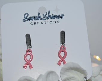 Pink Ribbon Earrings – Breast Cancer Awareness Jewelry, Support Gift for Her, Survivor Dangle Earrings