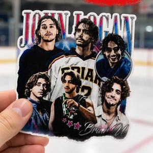 May include: A sticker featuring multiple images of a man with long, wavy hair. The sticker has the name "John Logan" in a stylized font. The background includes lightning bolts and the text "Brian U".