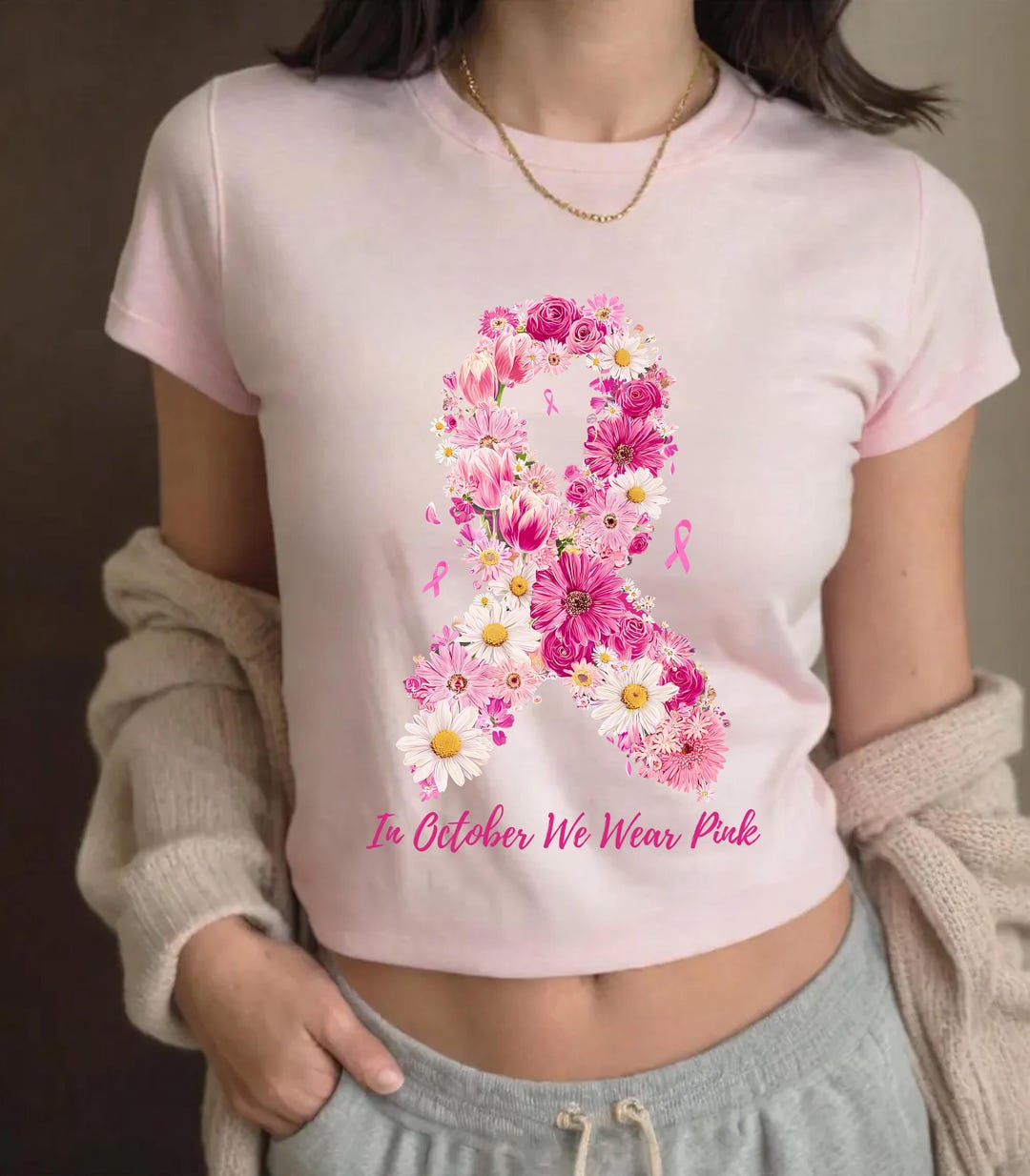 T-Shirt Rose Avec Colibri Et Ruban - Sensibilisation Au Cancer Du Sein - Design Vintage