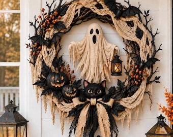 Spooky Ghost Halloween Wreath, Gothic Bat Wreath Decor, Black Rose Halloween Door Hanger, Haunted House Wall Decor, Fall Porch Decor