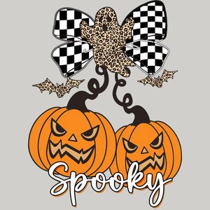 Spooky Jack o Lantern Cherries Png, Leopard Print Ghost on Checker Bow Digital Design, Trendy Halloween Shirt Png for Sublimation