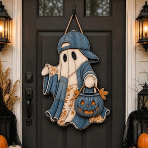Halloween-spökdörrhängare, lapptäcksspökdekor, träskylt till ytterdörren, pumpa-höstdekor till verandan, rustik Halloween-välkomstgåva