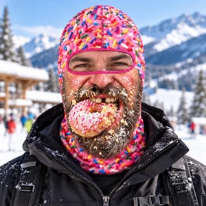 May include: A pink balaclava featuring a colorful donut and sprinkle pattern. The head covering has a single oval opening for the eyes and nose, constructed from a smooth fabric that fits snugly around the head and neck area.