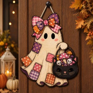 Trädörrhängare med lapptäcke, rustik Halloween-höstdörrskylt, söt läskig pumpadekoration