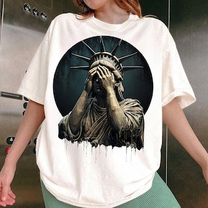 Statue of liberty covering her face in disgust, surrealism, png, instant download, background png