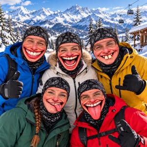May include: Five people wearing black paisley print balaclavas featuring realistic, exaggerated facial expressions with wide smiles, teeth, and tongues. They are dressed in colorful winter jackets, including blue, white, yellow, green, and red, against a snowy mountain backdrop.