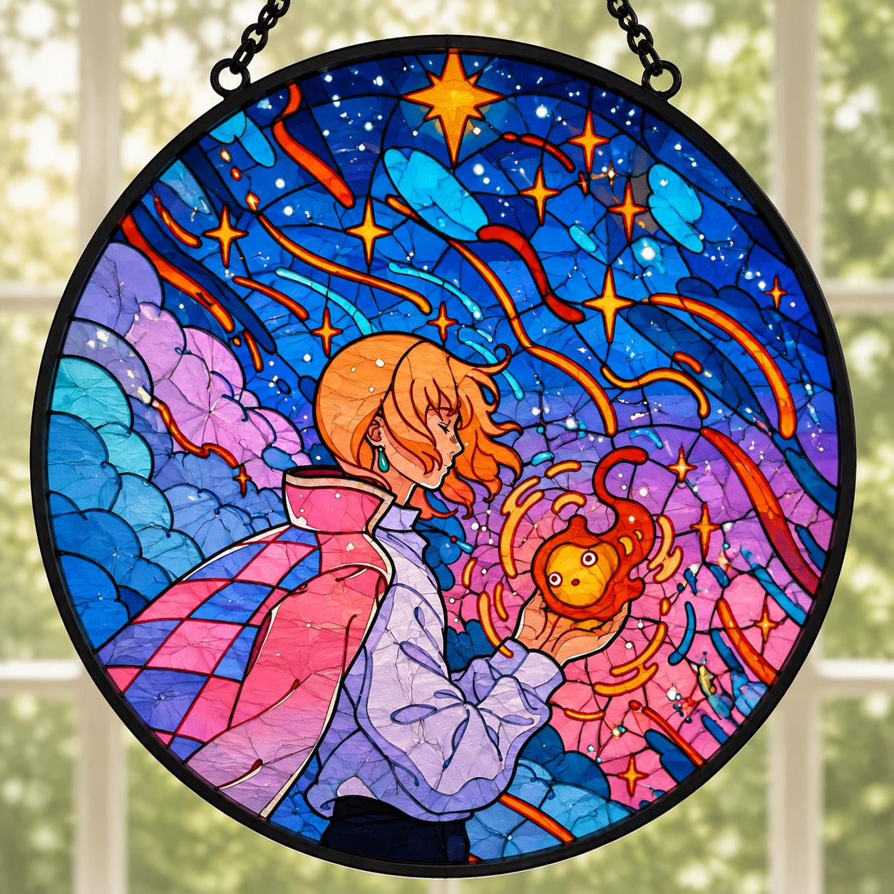 Howl's Moving Castle Suncatcher, Stained Glass Howl Window Decor, Fantasy Anime Hanging Ornament, Magical Galaxy Home Decoration Gift
