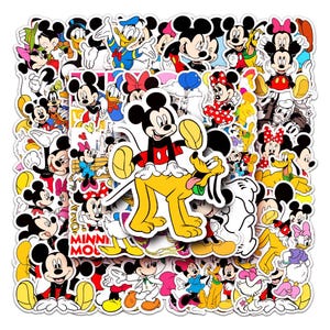 May include: A selection of colourful stickers featuring Disney characters such as Mickey Mouse, Minnie Mouse, Donald Duck, and Pluto. The stickers depict the characters in various poses and outfits, with bright colours and bold outlines. The stickers are set against a white backdrop.