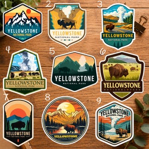 May include: A collection of nine die-cut vinyl stickers featuring Yellowstone National Park themes. Each sticker displays unique illustrations of bison, geysers, mountains, and forests with the text Yellowstone National Park printed on every design.