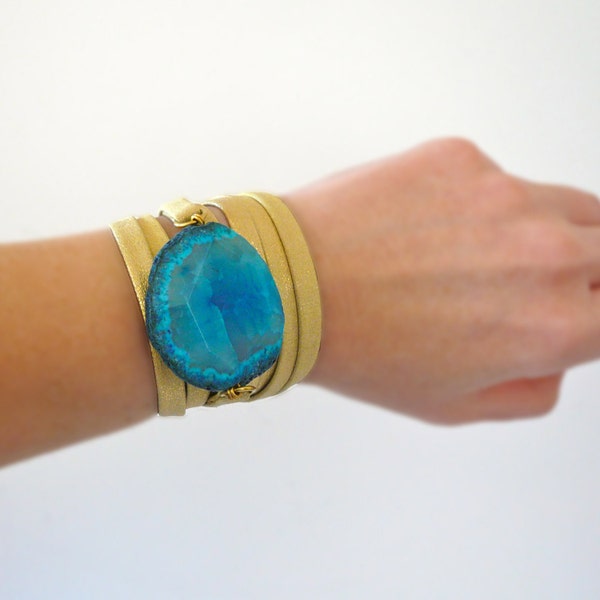 Leather Wrap Bracelet with Agate Stone