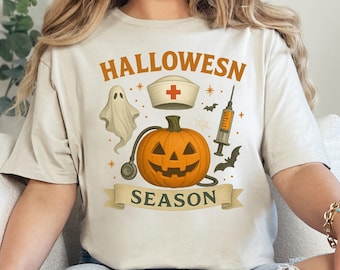 Funny Halloween Nurse Shirt ,Cute Pumpkin Ghost T-Shirt, Spooky Season Gift for Medical Staff,Halloween Nurse Gift Shirt,Team Halloween Gift