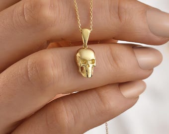 14K Gold Skull Pendant Necklace, Gothic Jewelry