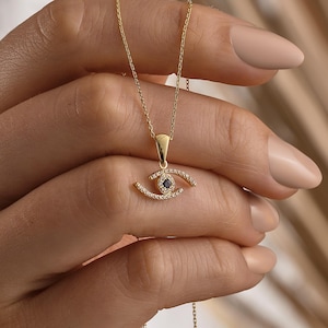 14K Gold Evil Eye Pendant Necklace, Blue & White CZ Protection Charm, Solid Gold Eye Jewelry, Dainty Gold Necklace, Elegant Gift for Women