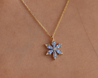 14K Solid Gold Aquamarine Flower Necklace, CZ Accent