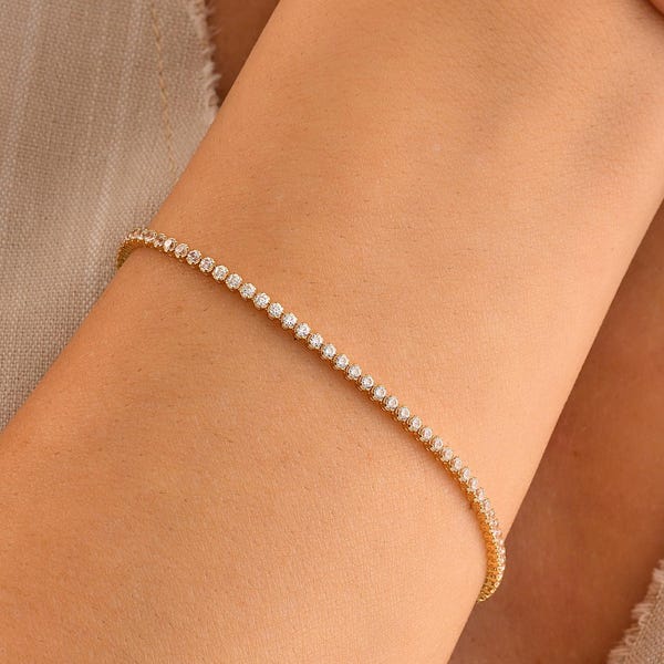 14K Solid Gold CZ Tennis Bracelet, Dainty Anniversary Gift