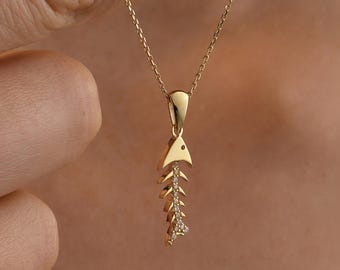 14K Gold Fishbone Pendant Necklace – Ocean Jewelry Gift