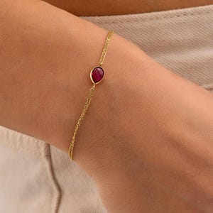 14K Gold Ruby Bracelet, Dainty Gold Chain Bracelet, Solid Gold Anniversary Bracelet Gift Her, July Birthstone Jewelry Elegant Gift for Her