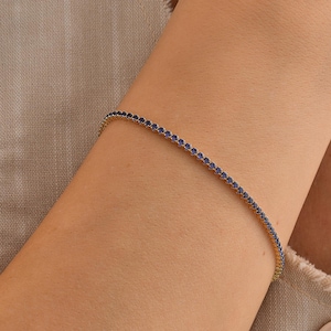14K Solid Gold Sapphire Tennis Bracelet, Dainty Gold Chain Bracelet, Custom Gemstone Bracelet, Minimalist Personalized Bracelet Gift for Her
