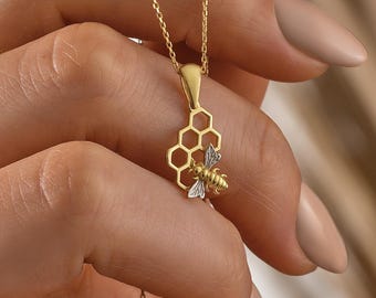 14K Gold Honeycomb Bee Pendant Necklace, Dainty Minimalist Jewelry