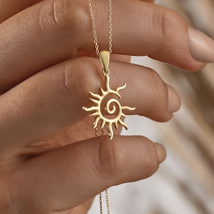 14K Solid Gold Spiral Sun Necklace | Solid Gold Sun Pendant | Minimalist Boho Necklace | Sun Charm Gold Summer Jewelry |Dainty Everyday Gift