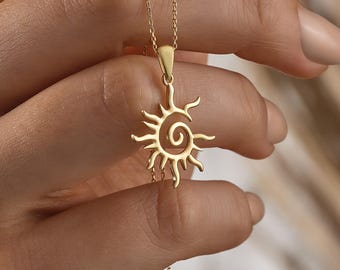 14K Solid Gold Sun Necklace | Boho Spiral Pendant