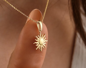14K Gold Sunburst Pendant Necklace, Solid Gold Sun Necklace, Celestial Charm Jewelry, Dainty Minimalist Gift for Her