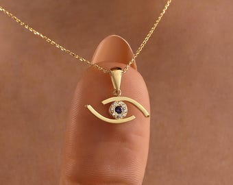 14K Gold Sapphire Evil Eye Pendant Necklace – Minimalist Protection Jewelry