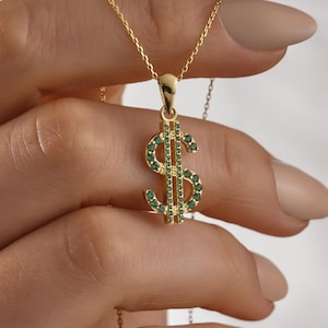 14K Gold Dollar Sign Pendant Necklace, Green CZ Hip Hop Chain, Hip Hop Bling Jewelry, Manifesting Charm Money, Statement Gold Jewelry Gift