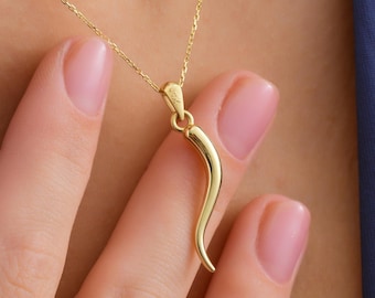 14K Solid Gold Italian Horn Pendant Necklace: Lucky Amulet Protection Jewelry