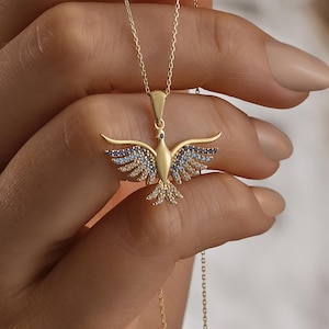14K Gold Phoenix Bird Necklace, Blue & White CZ Flying Bird Pendant Necklace, Guardian Phoenix Bird, Symbol of Rebirth, Gift for Good Luck
