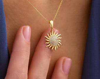 14K Solid Gold Sun Pendant Necklace: CZ Pave Center Celestial Jewelry