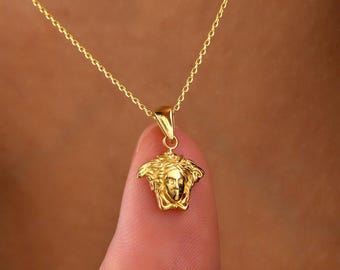 14K Solid Gold Medusa Head Necklace, Minimalist Mythology Pendant, Dainty Greek Jewelry