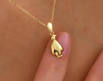 14K Solid Gold Penguin Pendant Necklace: Dainty Animal Jewelry, Symbol of Loyalty and Love