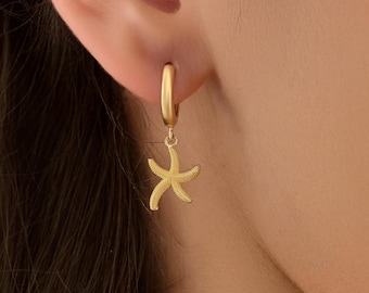 14K Solid Gold Starfish Dangle Hoop Earrings, Summer Jewelry
