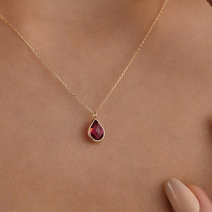 14K Gold Teardrop Ruby Necklace, CZ Ruby Pendant Necklace, Dainty Solid Gold Jewelry, Drop Necklace, July Birthstone Necklace Gift for Her