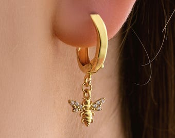 14K Gold Bee Hoop Earrings, CZ Wings, Honeybee Jewelry