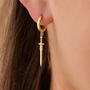 Dainty Gold Sword Dangle Hoop Earrings, Minimalist Warrior Jewelry