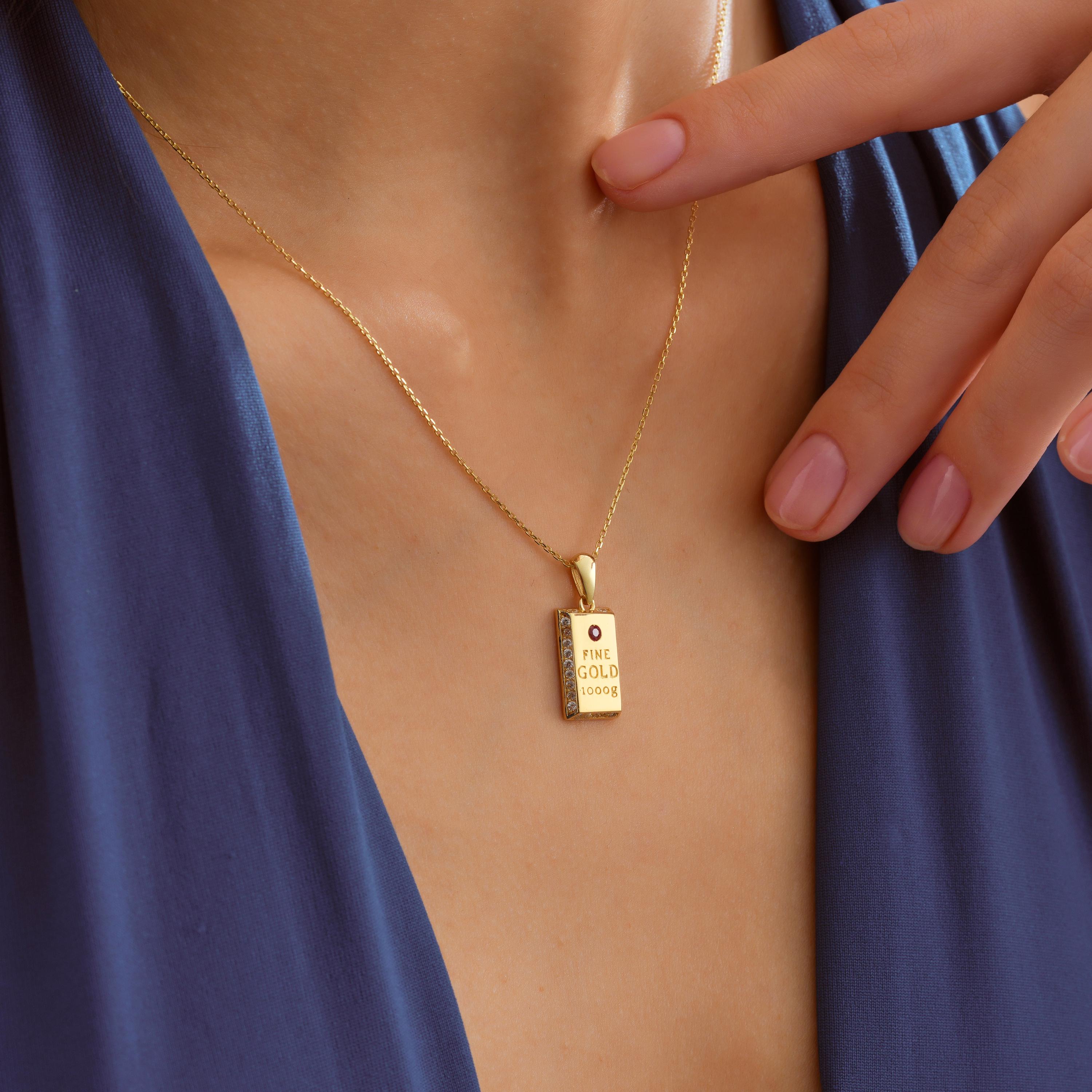 Ruby Ingot 14K Solid Gold Bar Necklace Fine Gold Pendant With CZ Ruby Accent ...