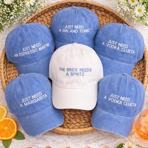 Bride Bachelorette Hats Embroidered, Bridal Party Caps, The Bride Needs a Spritz Hat, Bridesmaid Gift, Bach Party Drink Hats